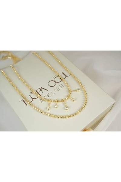 ATELİER TUĞBA Kol615 Stone-Set Hanging Ball Chain Necklace Set