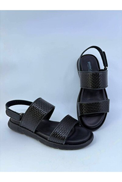 Papuccu Black Straw-Braided Men's Genuine Leather Sandals