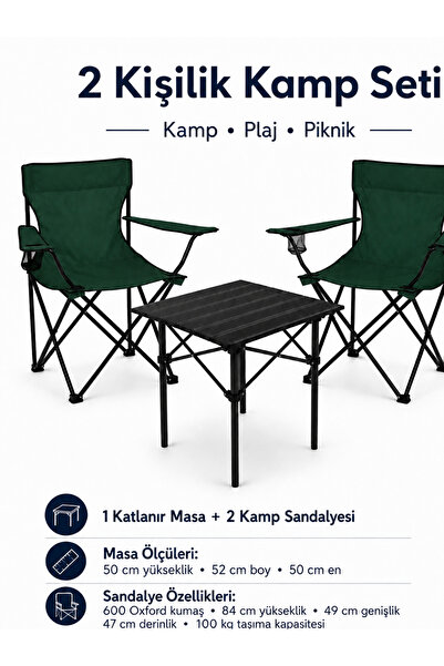 Trendinyeri 2 Sandalyeli Katlanır Kamp Seti 52 cm Masa ve Sandalye