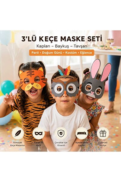 irecay 3'lü Çocuk Keçe Hayvan Maskesi Seti - Kaplan, Baykuş, Tavşan | Parti, ...