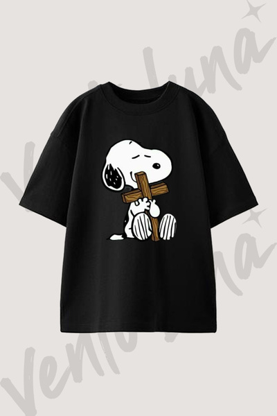 Vento Luna Snoopy Cross Tasarım Baskılı Unisex Oversize Kalıp Siyah Tshirt