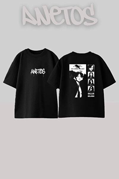 Anetos Billie Eilish_32 dizajn, štampana unisex majica oversize crne boje