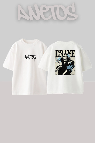 Anetos Λευκό μπλουζάκι Drake Rapper_2 με τυπωμένο σχέδιο Unisex Oversize