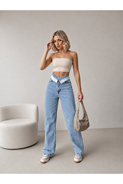 SHEVEGA Women's Ice Blue High Waist Belt Detailed Wide Leg Jeans