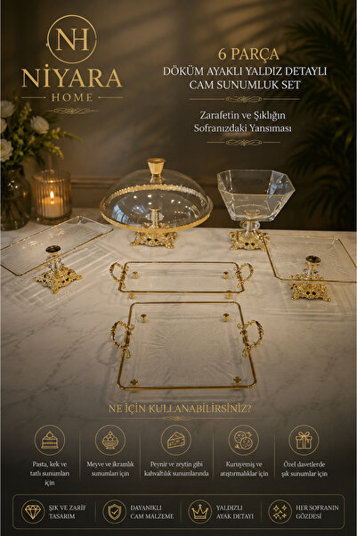 Niyara home 6-Piece Cast Iron Footed Glass Presentation Set with Gilt Details...
