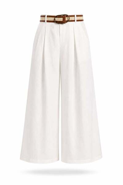 5in1Canpolat Pantaloni albi din amestec de in cu centură 51405