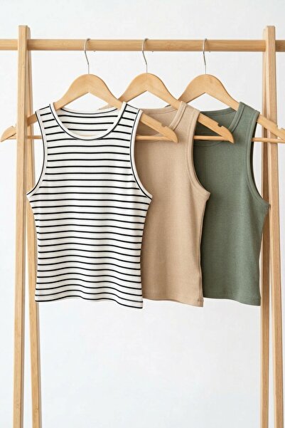 COTENCONCEPT 3 Pieces of Ribbed Fitted Viscose Blended Strappy T-Shirt