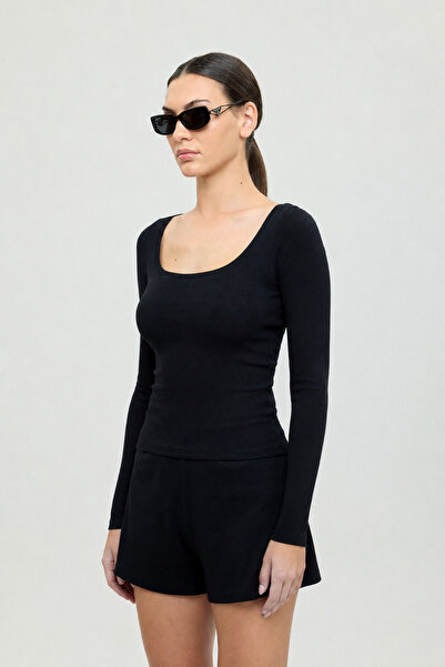 SHEISMONO Soft Rib Oval Yaka Bluz Siyah