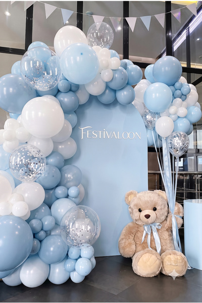 FESTİVALOON Macaron Blue White Light Blue Transparent Silver Confetti Balloon Set 20Pcs 11 Inch Baby Shower Birthday Party Decoration Macaron Balloon Set
