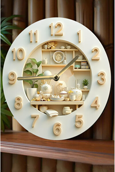 SHELİFE 🍽️ Mutfak Temalı Raf Detaylı MDF Duvar Saati – 33 cm 🌿🍯 SDW332