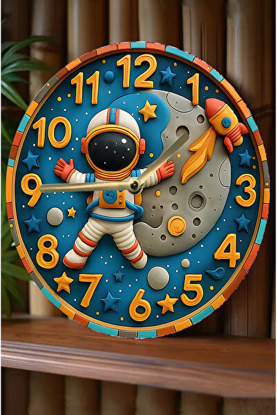 SHELİFE Ceas de perete pentru copii din MDF cu tematică astronaut și lună – A...