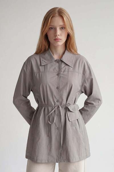 Levidor Light Gray Waist Pocket Shirt with Rope Detail