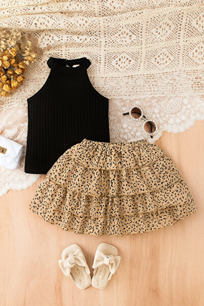 mikeonscosmetics Girl's Leopard Patterned Skirt and Undershirt Set