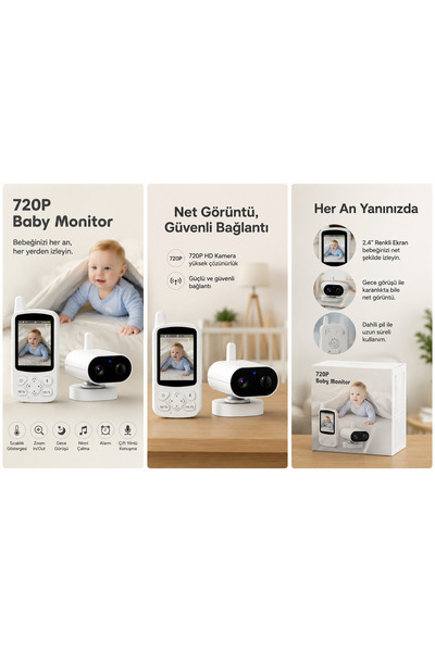 Suare Concept 720P Kablosuz Bebek Kamerası | 2.4'' Ekranlı Baby Monitor | Gec...