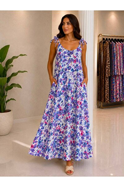 qeteen Patterned Rope Strap Pocketed Casual Maxi Viscose Fabric Summer Comfor...
