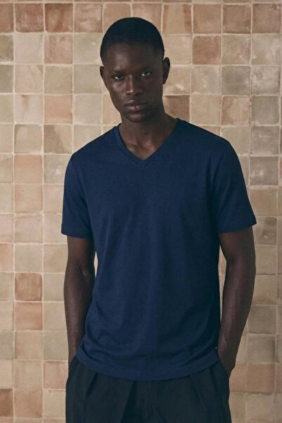 DAMGA JEANS Men's Cotton Flexible Navy Blue V-Neck T-Shirt
