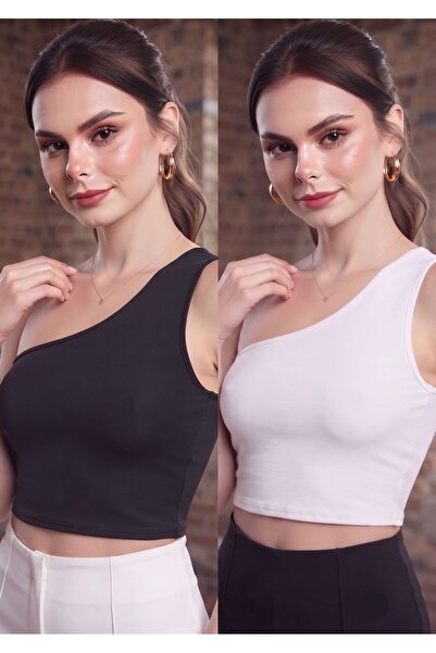 WAYS Women's Black-Ecru One-Shoulder Diver Bustier Crop Top Flexible and Styl...