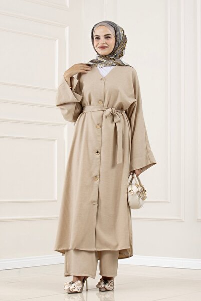 Sevitli Buttoned Davin Abaya Double Set-Beige