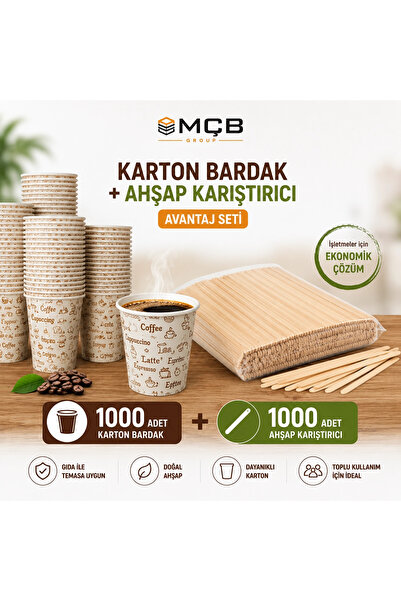 Mçb Group 1000 Adet Karton Bardak + 1000 Adet Ahşap Karıştırıcı Seti | Tek Kullanımlık Çay Kahve Bardağı ve Ka