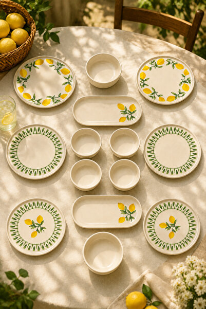Papart Yeşil Limon 14 Parça 6 Kişilik Handmade Stackable Seramik Tabak Seti P...