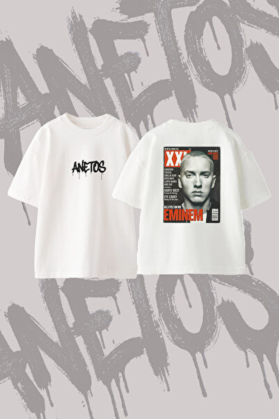 Anetos تي شيرت Eminem_14 ذو تصميم مطبوع وياقة دائرية كبيرة الحجم باللون الأبيض