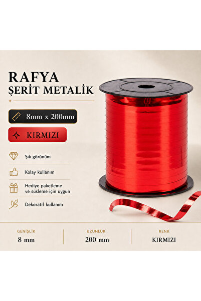 san Metalik Rafya Şerit Balon ve Hediye Bağlama İpi 8mm x 200 Metre (Kırmızı)
