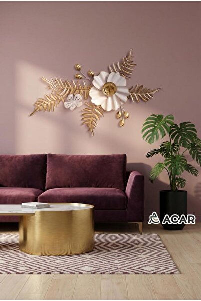 ACAR BEYAZ ALTIN ÇİÇEKLİ METAL TABLO 83X57CM