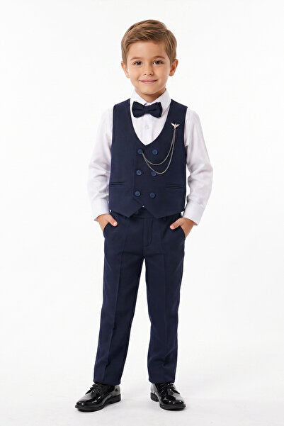 ALYRA Boys' Navy Blue Vest Suit with Bow Tie Wedding Birthday Eid Circumcisio...