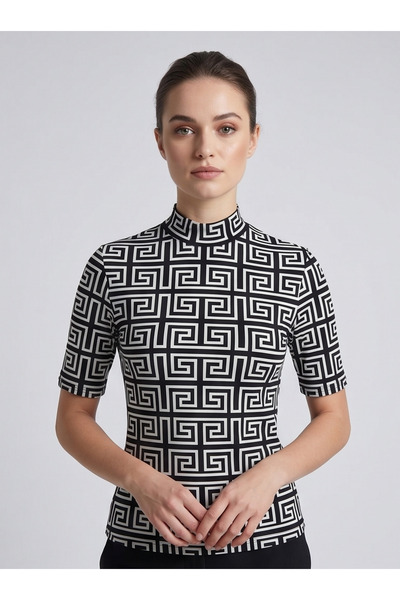 gökçesu Women's T-Shirt with Stretchy Texture, High Neck, Soft and Comfortable