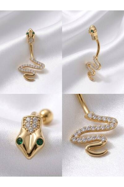 inky Medusa Premium Göbek Piercingi Zirkon Taşlı Cerrahi Çelik Gold Gümüş Ren...