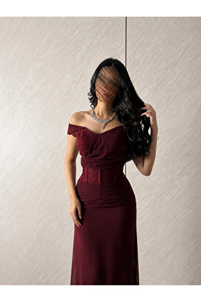 ALANOOD Evening Dress and Burgundy Off-The-Shoulder Corset with Chiffon and L...