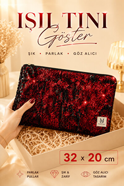 MAKE BAG GALAXY KIRMIZI-SİYAH BONCUK ÇEVİRMELİ PORTFÖY MAKYAJ ÇANTASI (32X20CM)