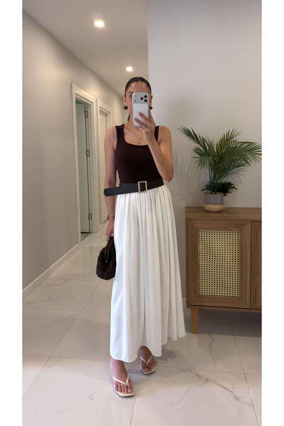 BİRCANÇİL Diwra Brown Ecru Belted Sleeveless Dress