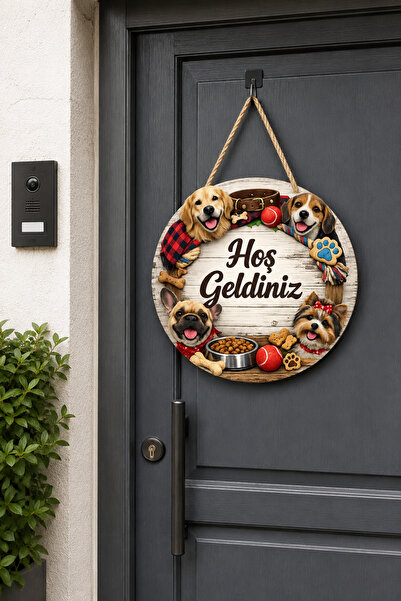 SHELİFE Dog Themed Welcome Door Ornament Round Decorative Door Ornament Wooden