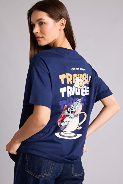 DeFacto 100% Cotton Tom & Jerry Oversized Crew Neck Back Printed Short Sleeve...