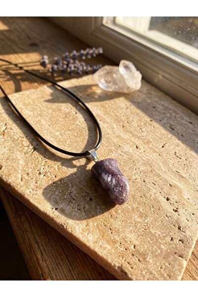 Meneva Aksesuar Raw Cut Purple Lepidolite Natural Stone Leather Cord Necklace