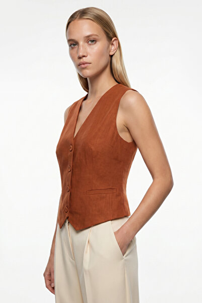 Exquise Sleeveless Fleto Pocketed Lined Linen Regular Vest