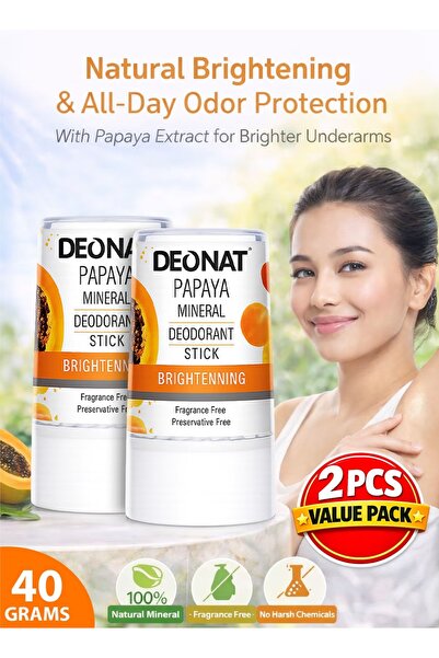 DEONAT Pack of 2 Papaya Mineral Deodorant Stick 40 g Brightening Natural Crys...
