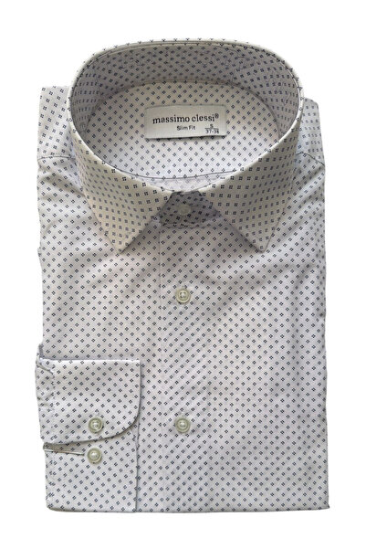 OEM Cămașă albă slim fit bărbați, OEM, imprimeu discret bleumarin, bumbac-pol...