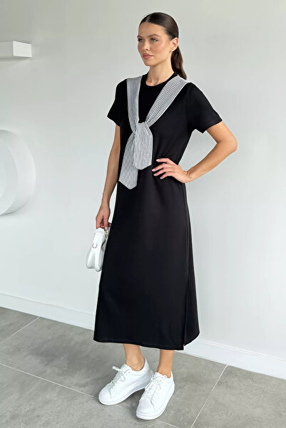 Aryena Black Women's Shoulder Wrap Slit Dress