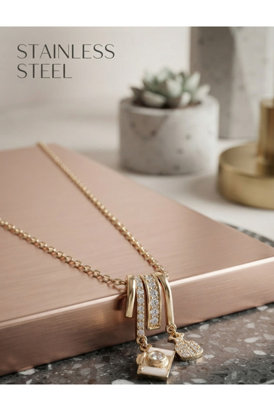 stainless steell قلادة على شكل كاميرا مصنوعة من الفولاذ 316L باللون الذهبي وح...