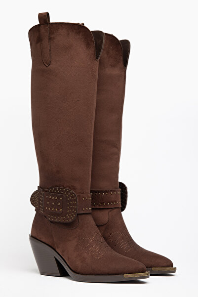 DENORA Brown Matte Suede Big Buckle Trok Detail Western Cowboy Knee-High Boots