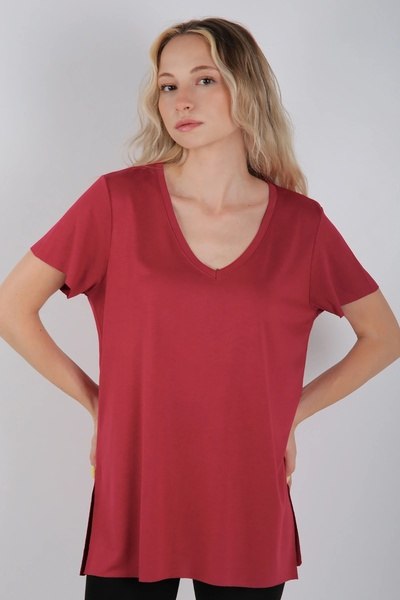 Veni Life Women's Basic V-Neck Draped Long T-Shirt with Side Slits