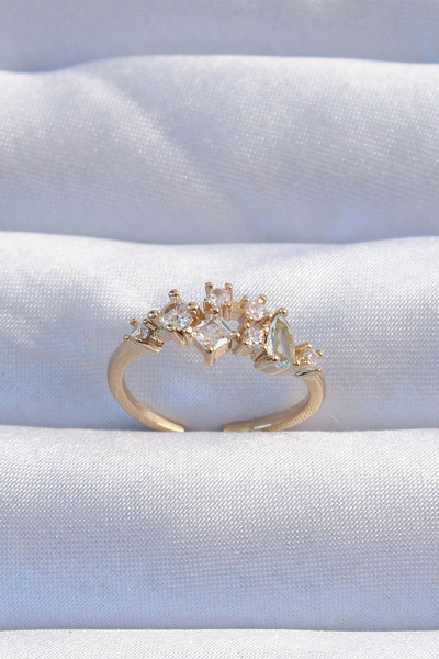 ARMÜZ Brass Gold Color Zircon Jewelled Drop Detail Adjustable Ring