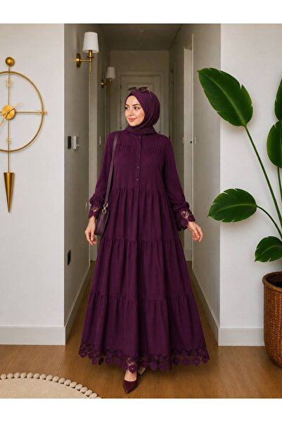GÜZEL TRİKO KAYRA DANTELLİ UZUN ELBİSE