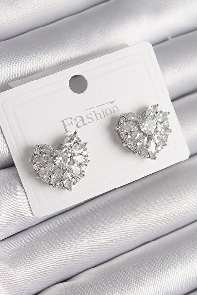 ARMÜZ Brass Silver Color Zircon Stone Heart Model Women's Earrings