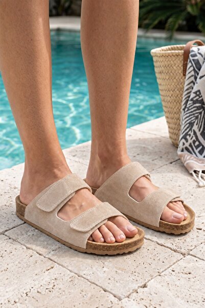 House ID Beige Velcro Strap Anatomical Daily Beach Pool Beach Slippers Women'...