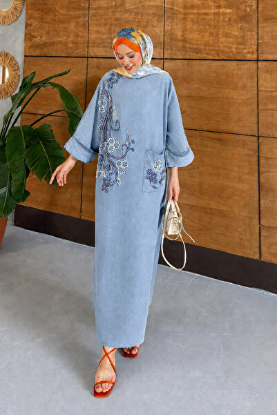 Miss Allos Women's Beaded and Embroidered Hijab Denim Dress
