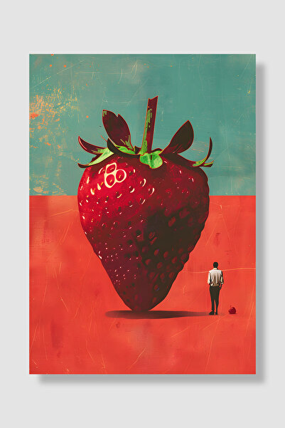 Luna Marissa Fruit Poster Giant Strawberry and Man Surreal Illustration Red T...