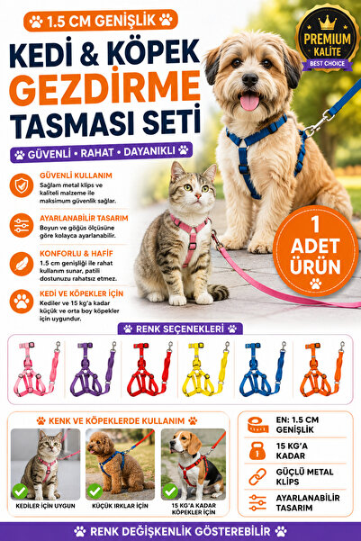 Petshop 1.5 CM Kedi Köpek Göğüs Tasması ve Gezdirme Tasması Seti Ayarlanabili...